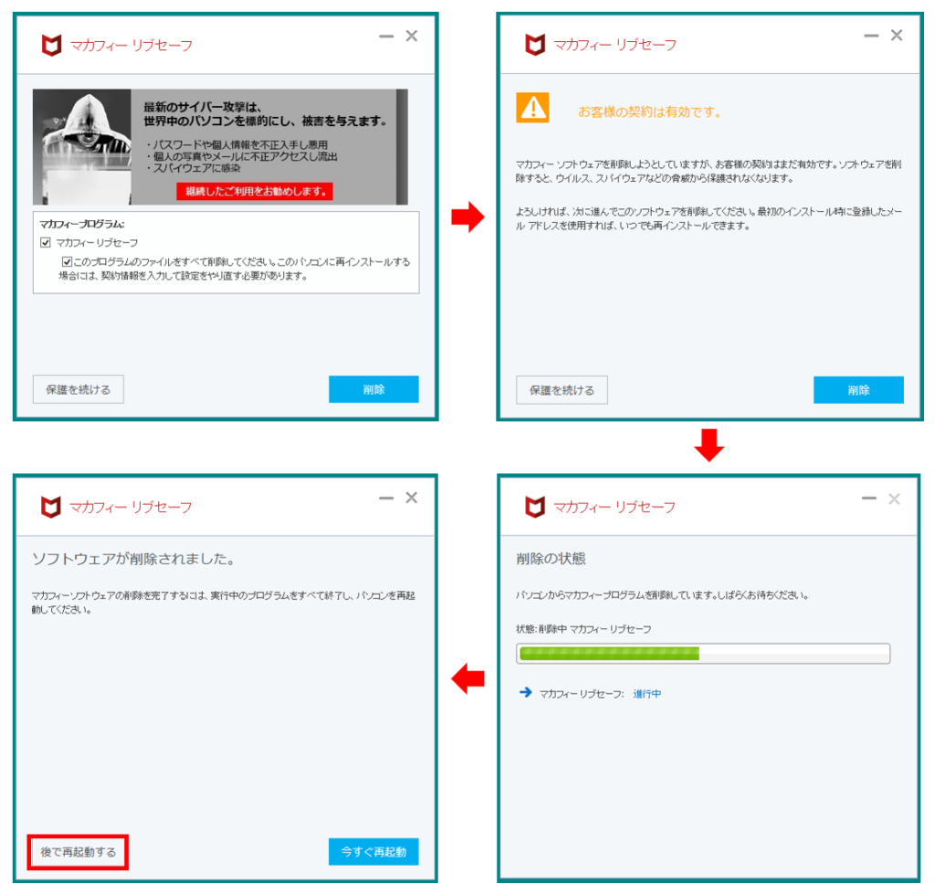 公式で用意された「uninstall.exe」や「setup.exe（削除モード）」などが実行され、通常のアンインストールが行われます。また、専用の画面が表示された場合は、その指示に従って削除を実行します